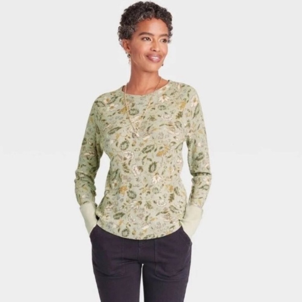 Knox Rose Floral Thermal Waffle Weave Shirt Top Green Women Size Small Granola